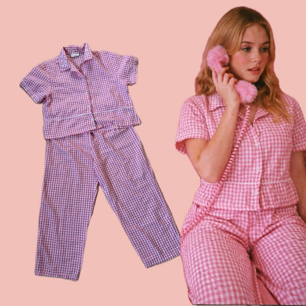 Vintage gingham pajama set pink cotton seersucker M – 90s sleepwear